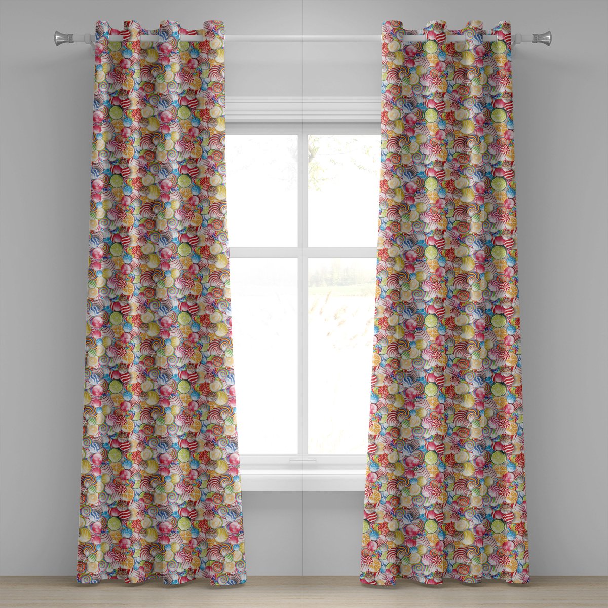 ABAKUHAUS Kleurrijk Gordijn met ringen, Spiraal Suiker Candys Lolly Pops Dessert Plezier Girls Thema Print, Decoratieve 2-delige gordijnset