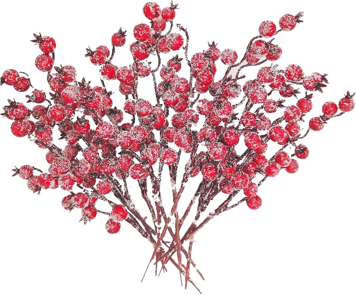16 stuks kunstbessentakken rood kerstdecoratie rode bessen decoratie sneeuw bevroren nepbessen plakken hulstbessen voor kerstboom handwerk winter woondecoratie