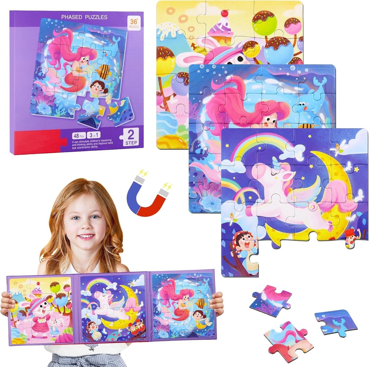 Magnetische Puzzel voor Kinderen, 3-in-1 Puzzelboek met Eenhoorn en Zeemeermin, 12-16-20 Stukken, Educatief Speelgoed voor Creatieve Ontwikkeling