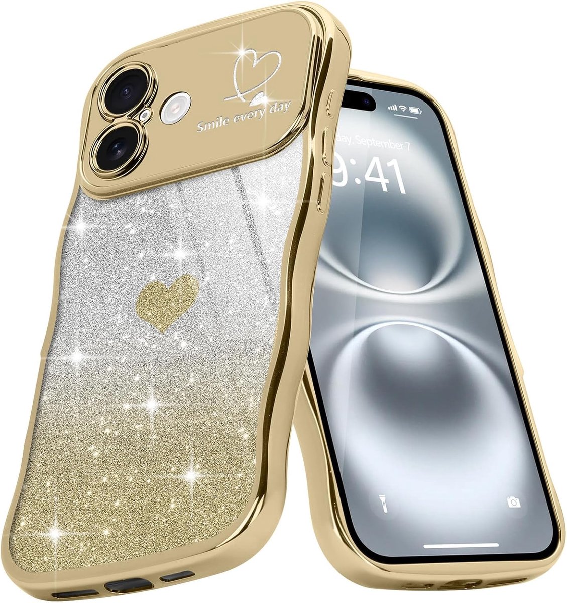 Golven framevorm, telefoonhoes voor iPhone 16, meisjes, stijlvolle curly golvenvorm, beschermhoes van gegalvaniseerd glitter TPU, camerabescherming krasbestendig, goudkleurig