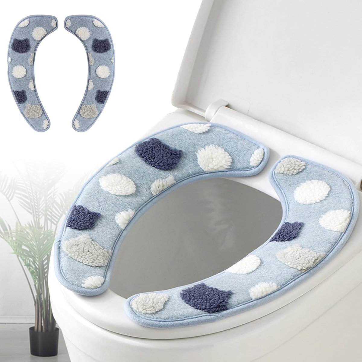 Dikke en warme toiletstoelhoes - wasbaar, herbruikbaar kussen met TPR-kleefrug en decoratief patroon voor comfort en isolatie (blauw)