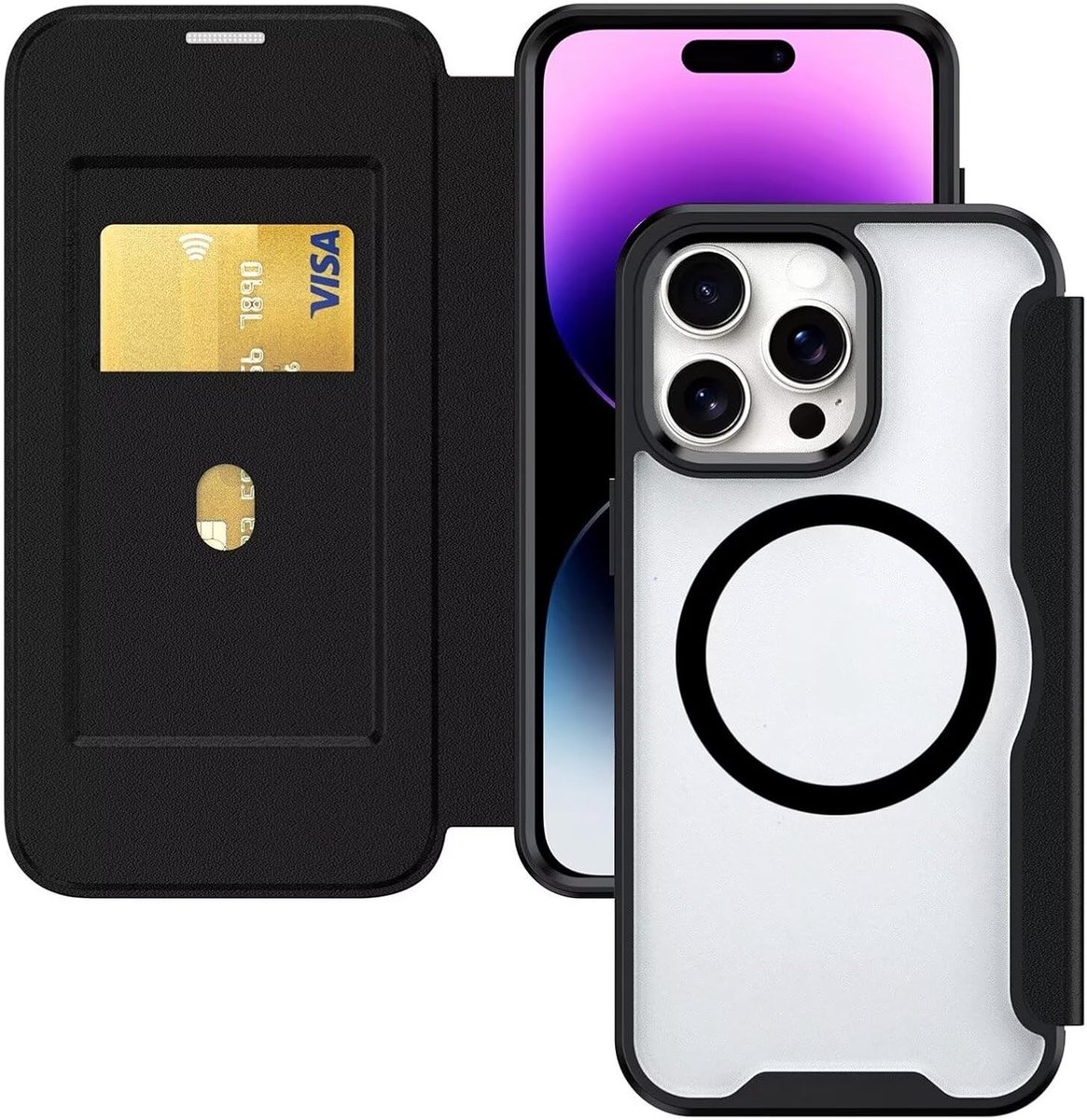 Telefoonhoesje voor iPhone 13 PRO, folio lederen portemonnee klaphoes met Mag-Safe Draadloos Opladen,RFID-blokkering,kaartenvak Beschermhoes Case Zwart
