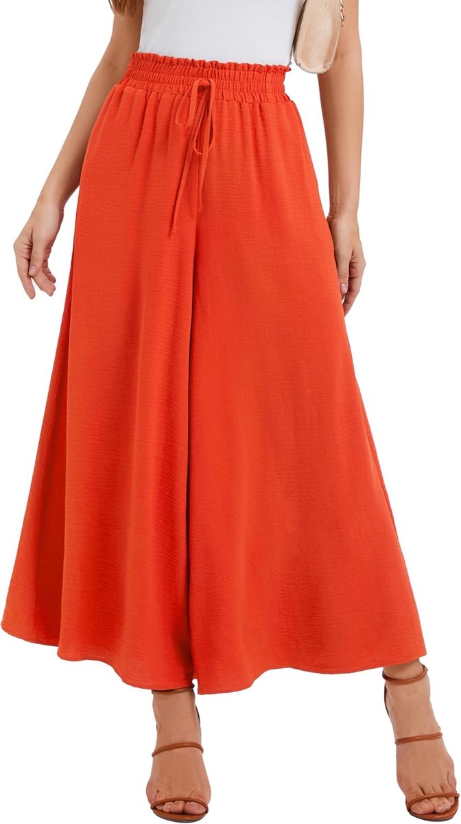 Pantalon voor Dames Zomer Elastische Hoge Taille met Trekkoord Luchtig Palazzo Broek Met 2 Zakken Voor Dagelijks Gebruik & Vrije Tijd