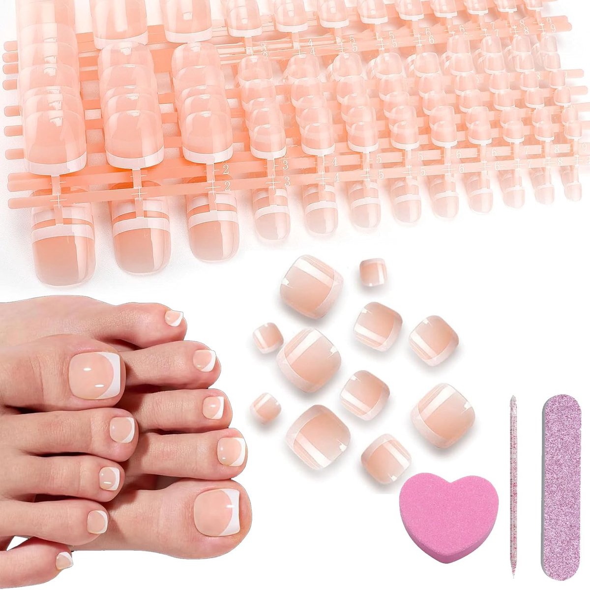 120 stuks Franse teennagels, full cover nageltips, valse teennagelset, volledige cover teennageltips voor vrouwen, natuurlijke kunsttenen, teennagelset, wordt geleverd met drie manicure-tools