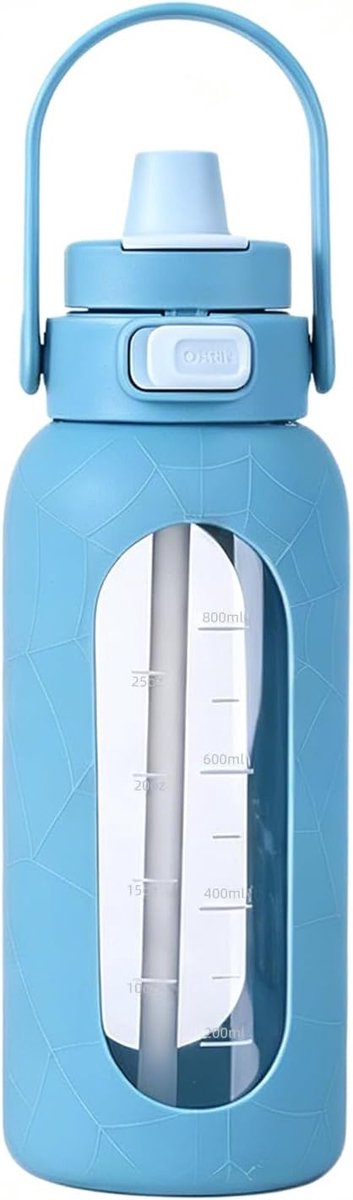 Drinkfles met rietje, glazen waterfles met draaggreep en tijdmarkering, drinkherinnering, sportdrinkfles voor thuis, kantoor, sportschool, sport (blauw)
