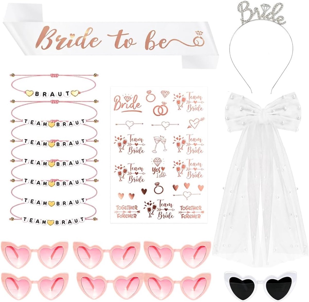 Accessoires voor dames, 7 hartvormige zonnebrillen, 7 Team Bride armbanden, 1 Bride to be sjerp, 1 sjerp voor vrijgezellenfeest, 1 bruidshaarband, 1 tattoo vrijgezellenfeest, vrijgezellenfeest