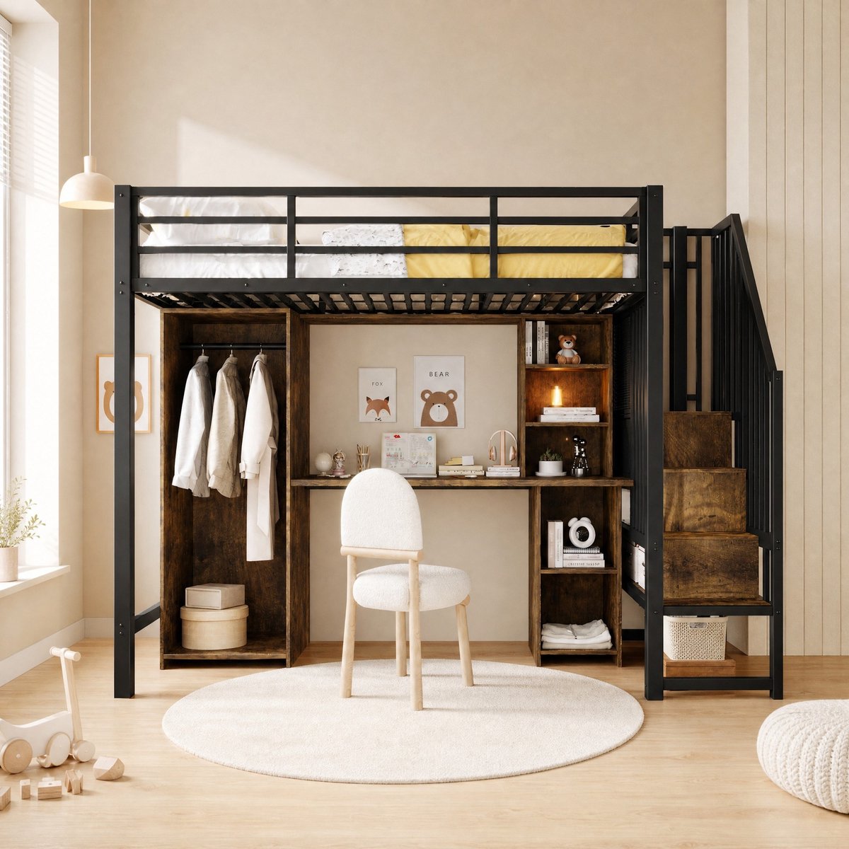 WUVRIE Hoogslaper 90 x 200 cm met bureau, kledingkast, opbergtrap en vakken, zwart