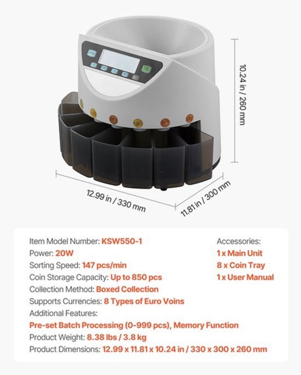Munttellermachine Muntsorteerder - 8 Soorten Euromunten - 850 Munten Capaciteit - LCD Scherm - 4.6 Kg - Handmatig Sorteren