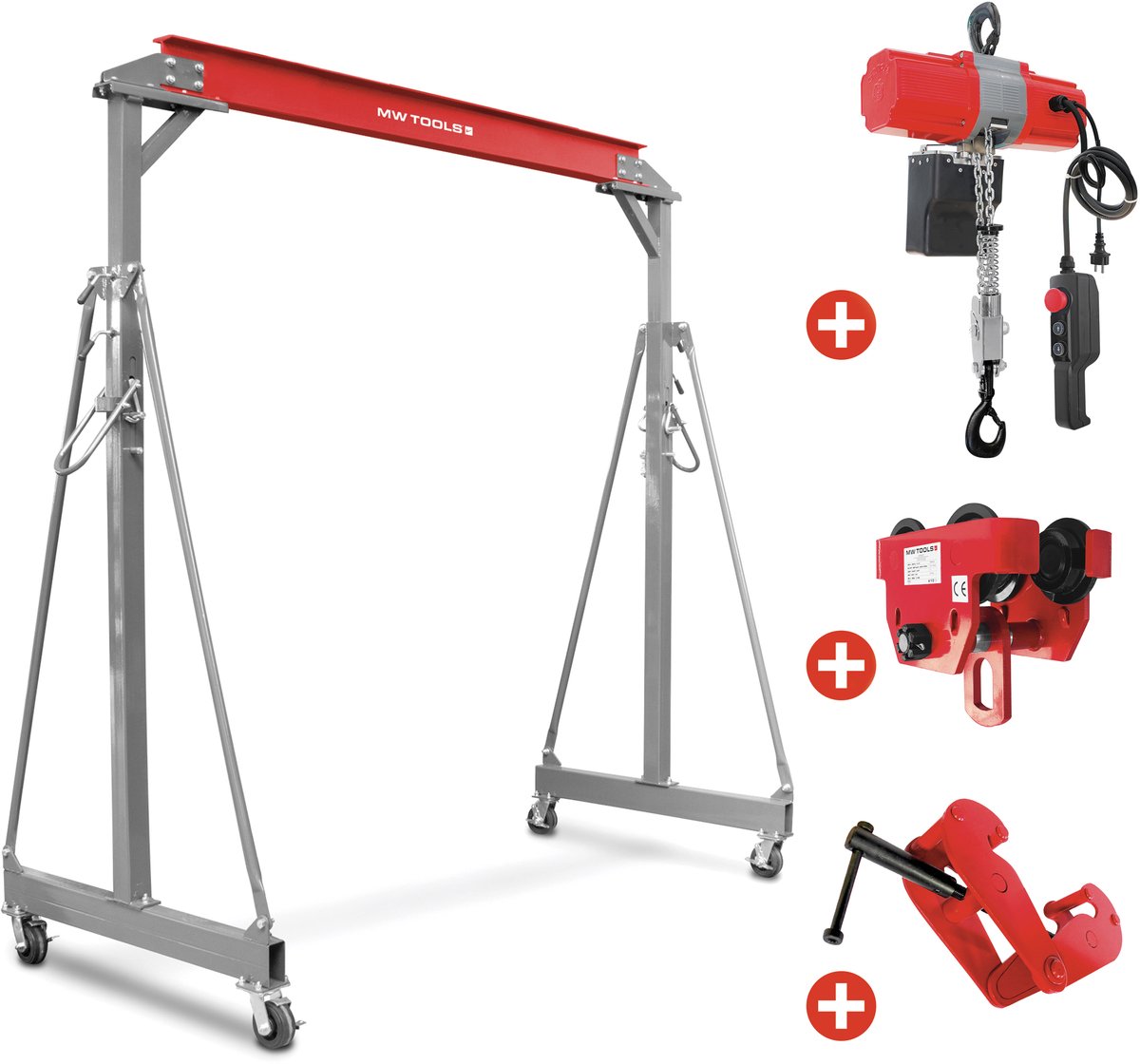 Portaalkraan 1 ton + kettingtakel 230V + loopkat + balklem MW Tools PTLK1-SETKTMR