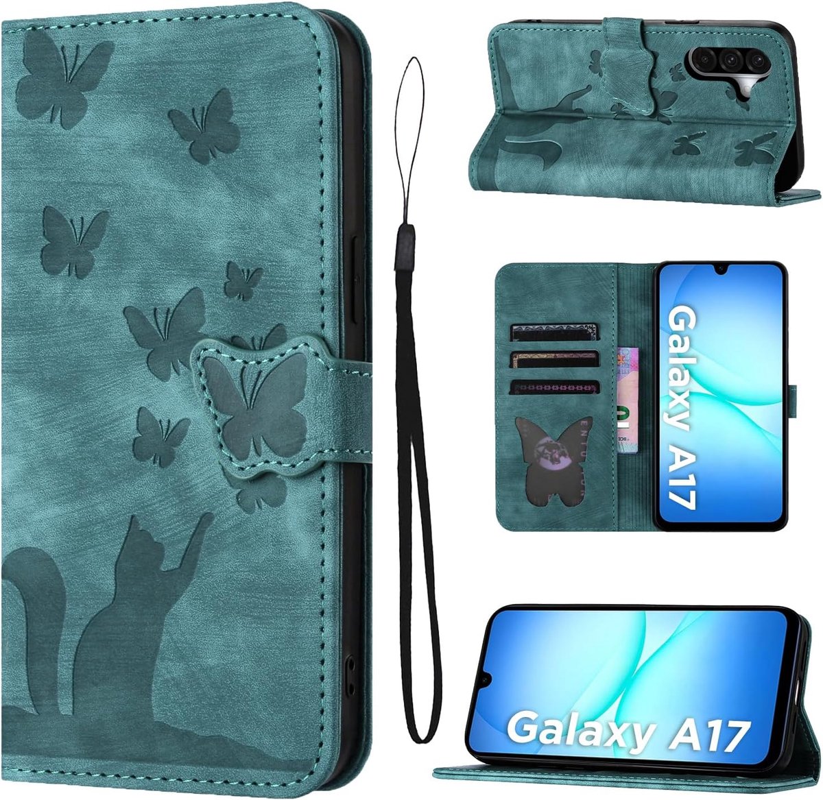 Beschermhoesje voor Samsung Galaxy A17 (6,7 inch), PU beschermhoes, kaartsleuven en standaard, katten- en vlinderpatroon, deksel voor Samsung Galaxy A17, groen
