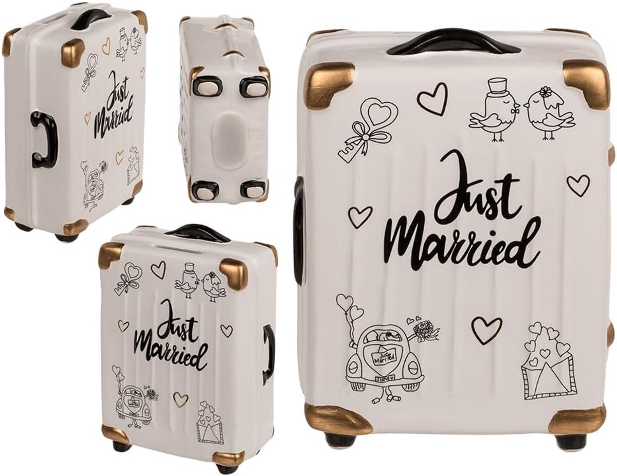 Bruilofts-spaarpot Just Married | Keramisch geldgeschenk voor bruiloft, verloving & vrijgezellenfeest | Grappige spaarpot in koffer-, auto- of vliegtuig-design | Cadeau-idee voor de bruiloft