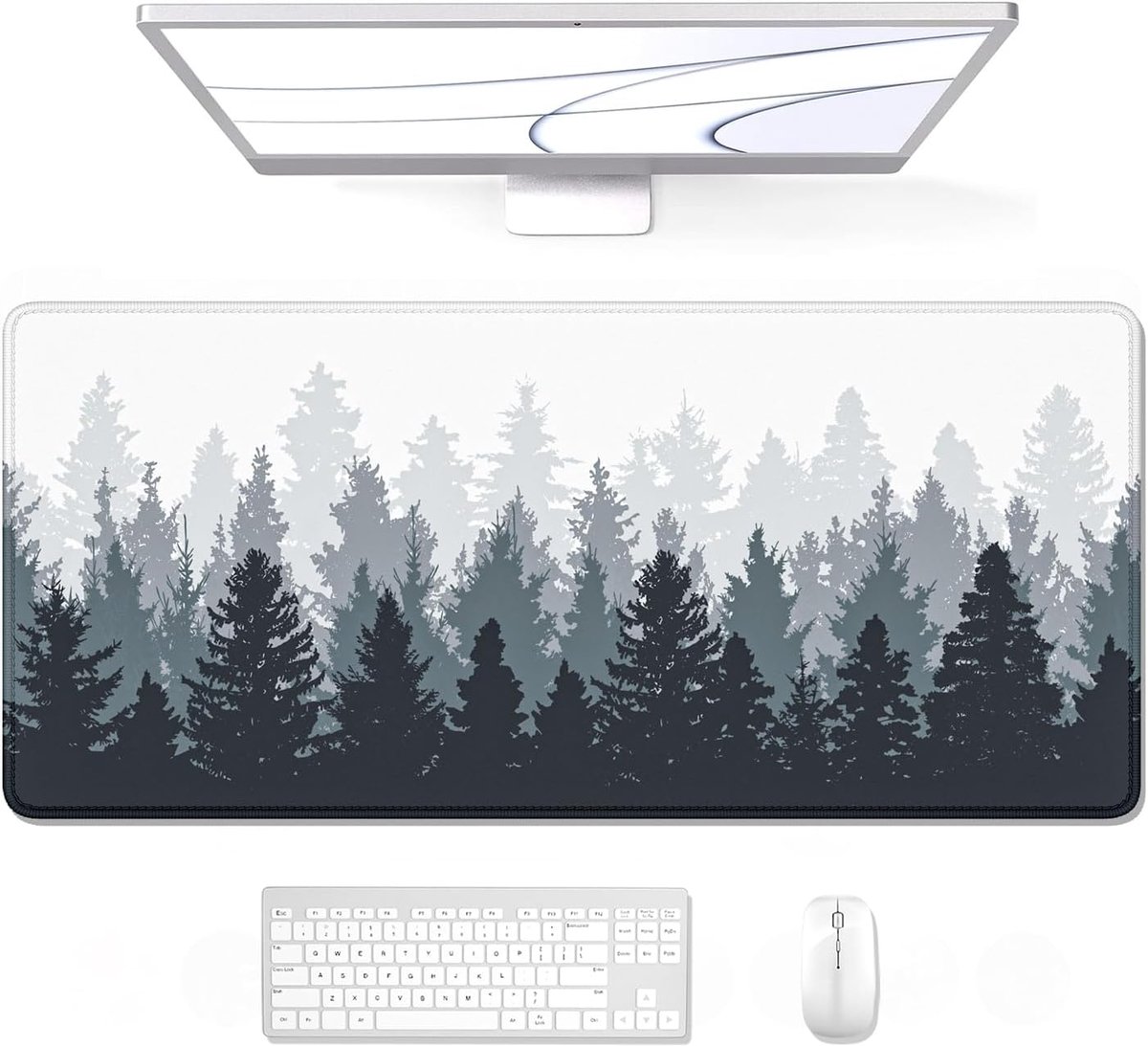Grote XXL gaming muismat 88,9 x 38,1 cm, waterdicht, met genaaide randen, antislip, voor kantoor en thuis, mistig bospatroon