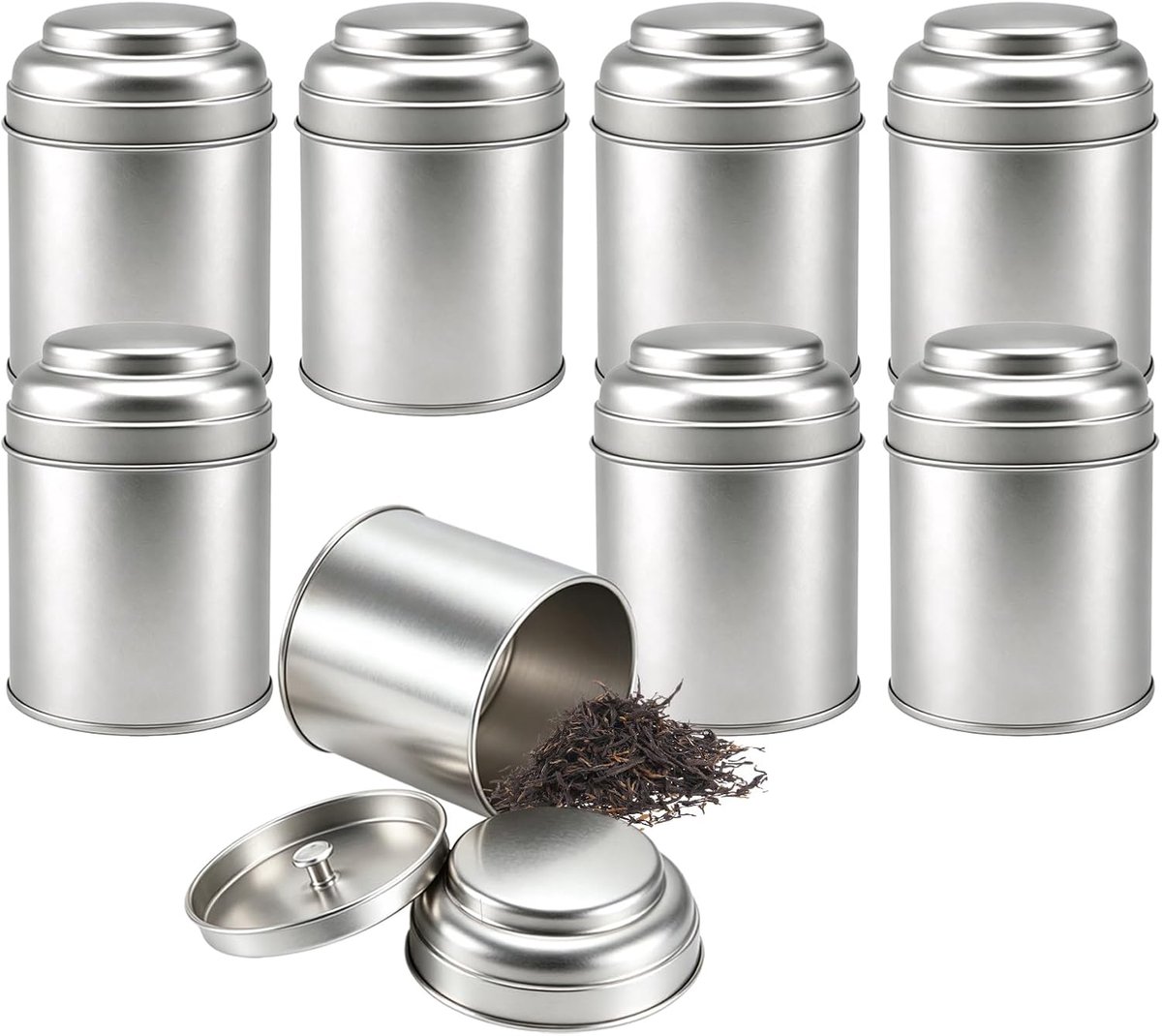 8 stuks theedozen voor losse thee, metalen theedoos met luchtdicht dubbel deksel, ronde voorraaddozen stapelbaar, voedselcontainer voor thee, koffie, suiker, specerijen en kruiden, zilver, 75
