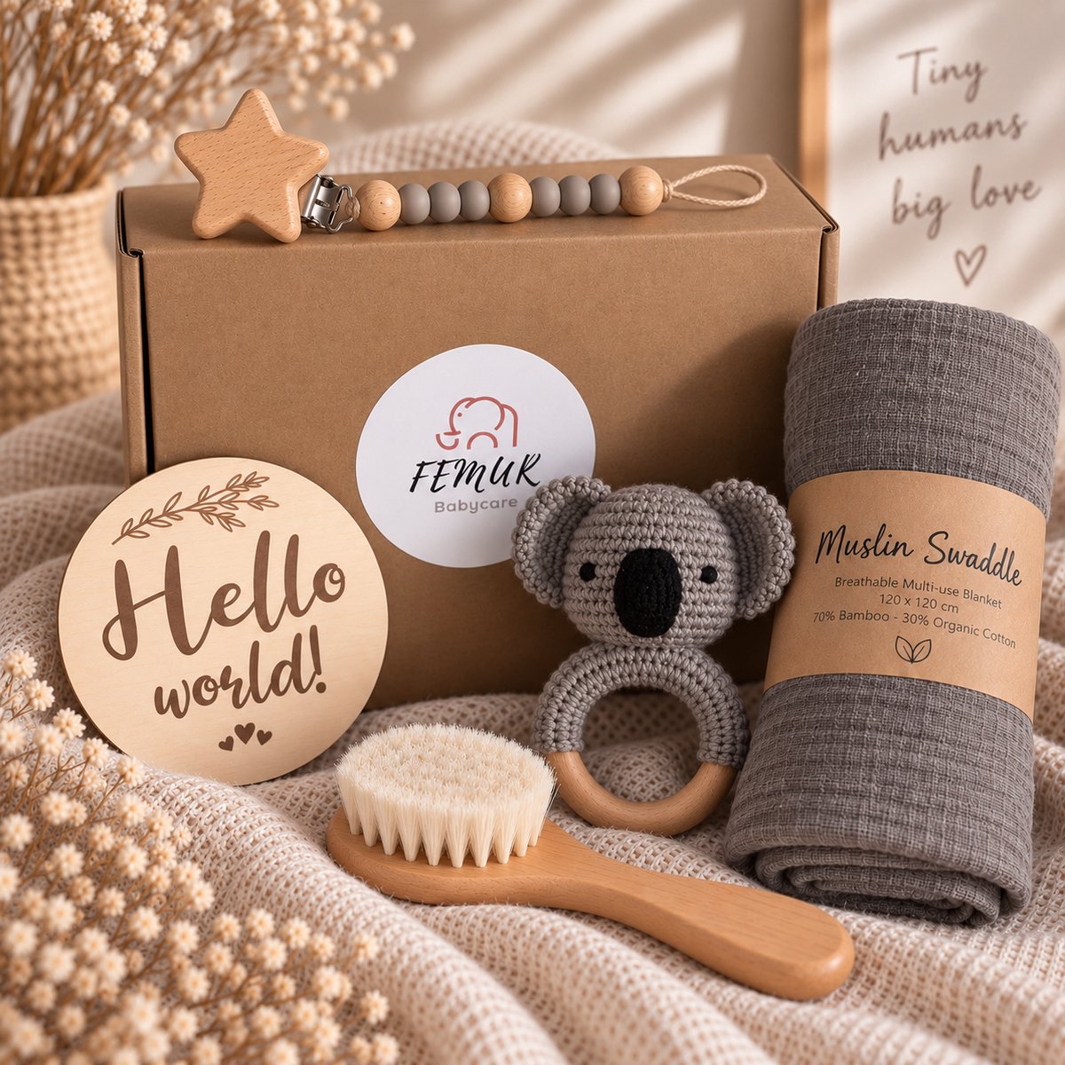 Baby Geboorte Set – Baby Speelgoed – New Born Set – Geschenk Set - Kraamcadeau – Babyshower – Gender Reveal Party - Bijtring – Handgemaakt – Natuurlijke Materialen – Speenkoord - Koala