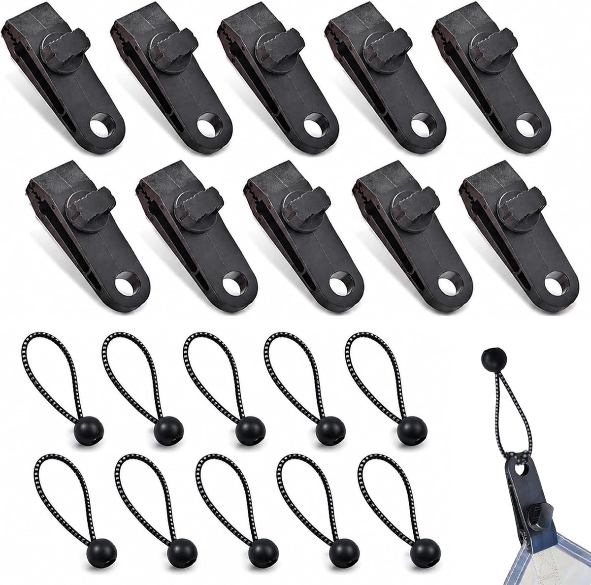 10 zeilclips en 10 bevestigingskoorden, zwarte clips voor zonnezeilen en dekzeilen, 8 x 2,6 cm