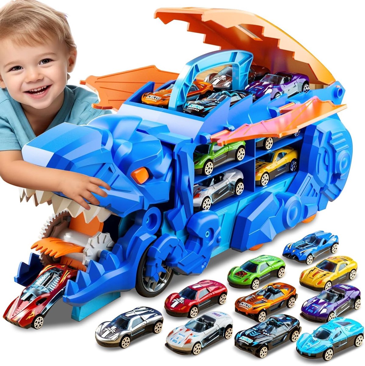 Vervoer, truck, speelgoed, auto's voor jongens van 3, 4, 5, 6, 7, draagbare dinosaurus, racebaan, truck met 12 dinosaurussen, in geschenkdoos, blauw