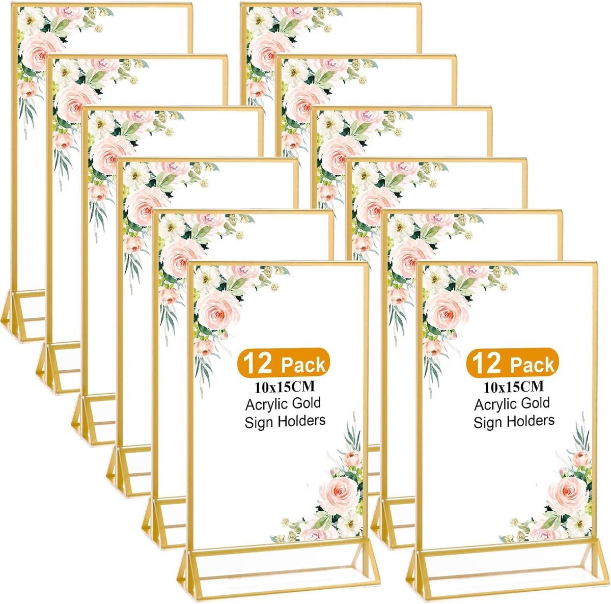 12 stuks standaard A6 goud, 10 x 15 cm, gouden dubbelzijdige fotolijst, acryl tafelkaarthouder, A6 T-standaard, tafelstandaard, gouden tafelstandaard voor presentatie, bruiloft, restaurants