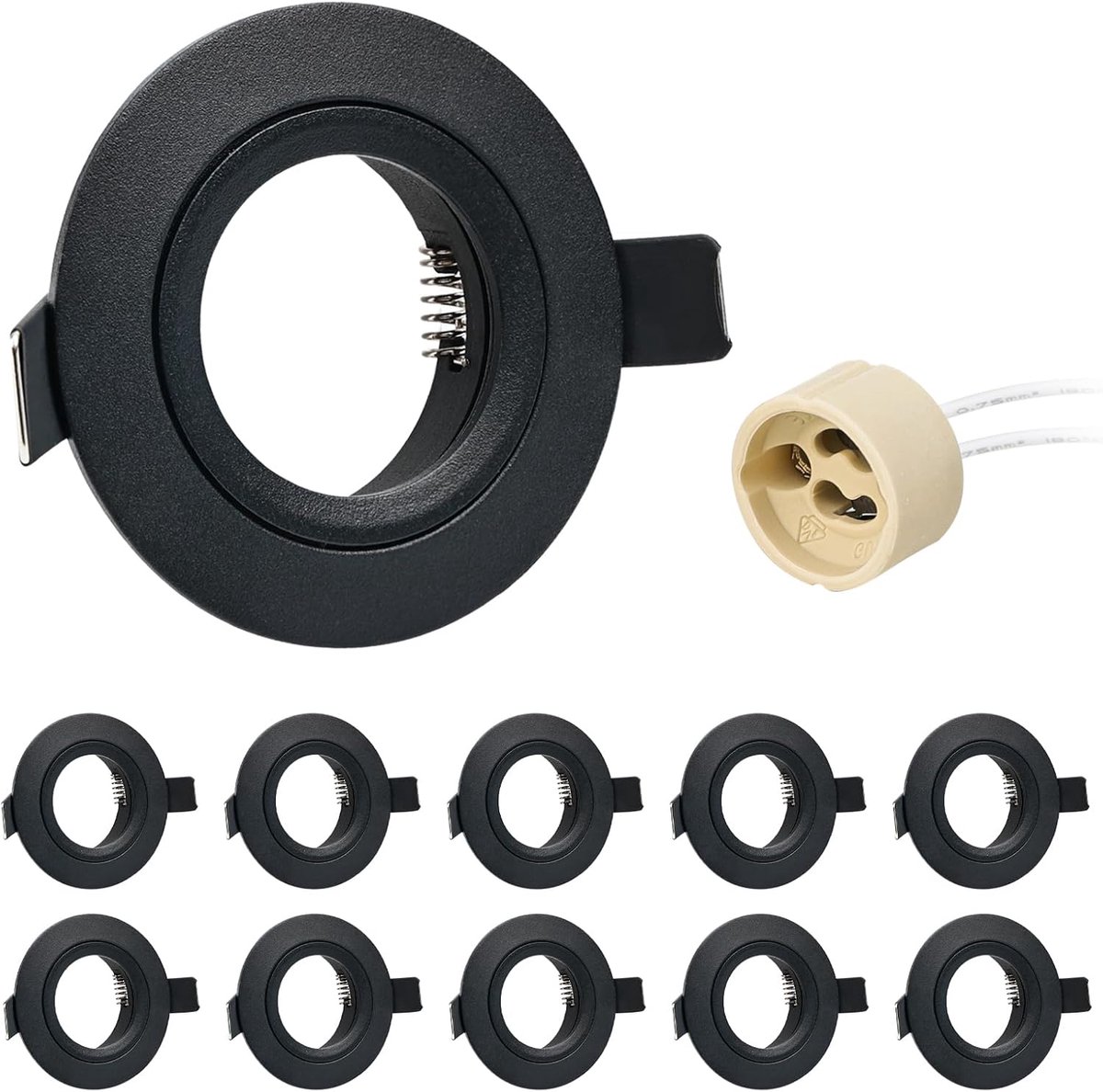 10-delige set inbouwframes GU10 aluminium zwart mat, frames inbouwframes inbouwspots inbouwstralers incl. GU10 fitting voor LED halogeen, ronde plafondspot inbouwverlichting gatdiameter 60-70mm