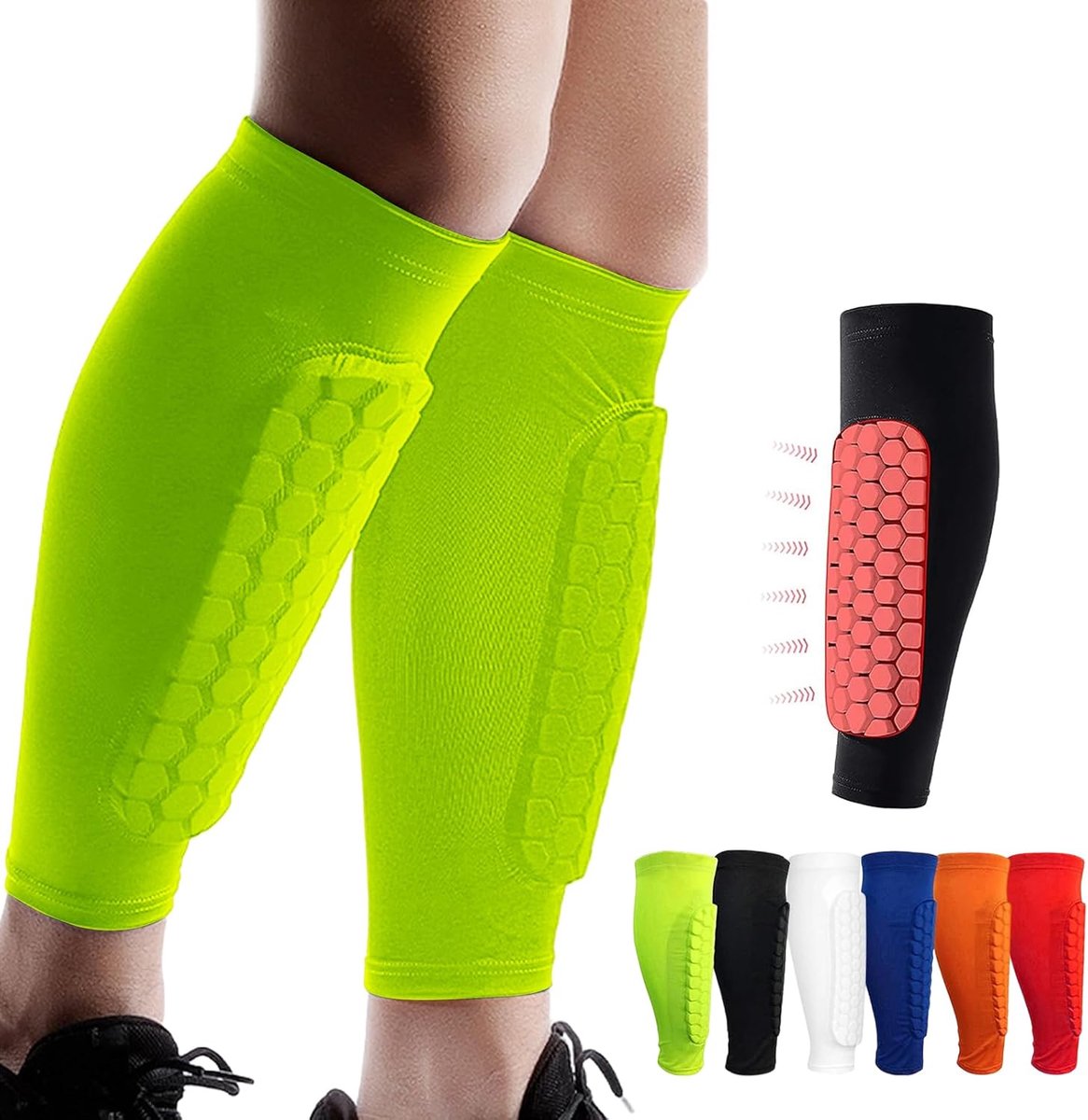 Shin Guards Pads, Honingraat Compressie Mouw Voetbal Scheenbeschermers voor Jongens, Tieners en Volwassenen, Voetbalverdediger Pads met Superieure Impact Absorptie, Lichtgewicht