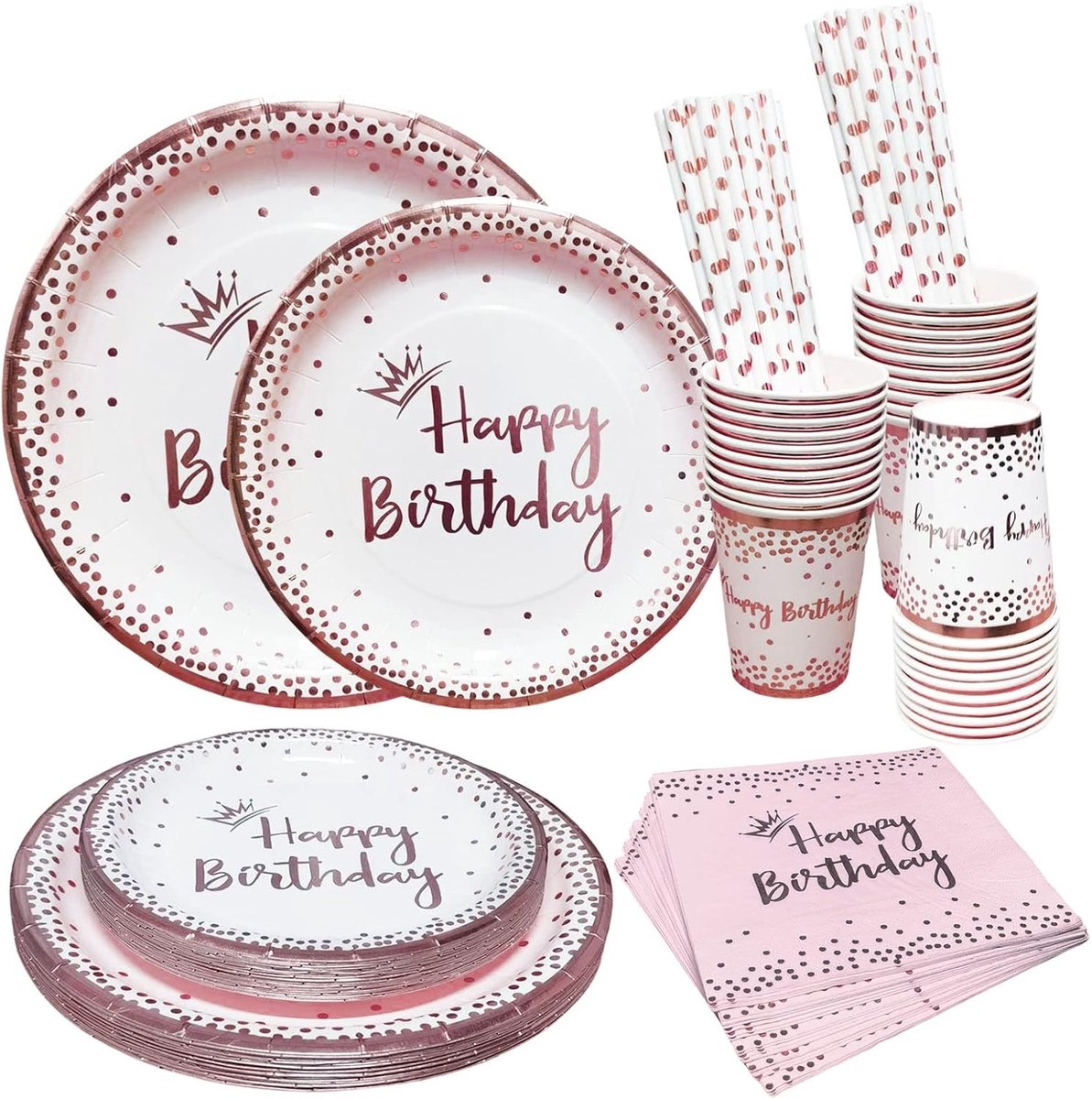 100 stuks roségoud verjaardagsservies voor 20 gasten, papieren accessoires, verjaardagsfeest, meisjes, vrouwen, verjaardag, themafeest, feestdecoratie, douche