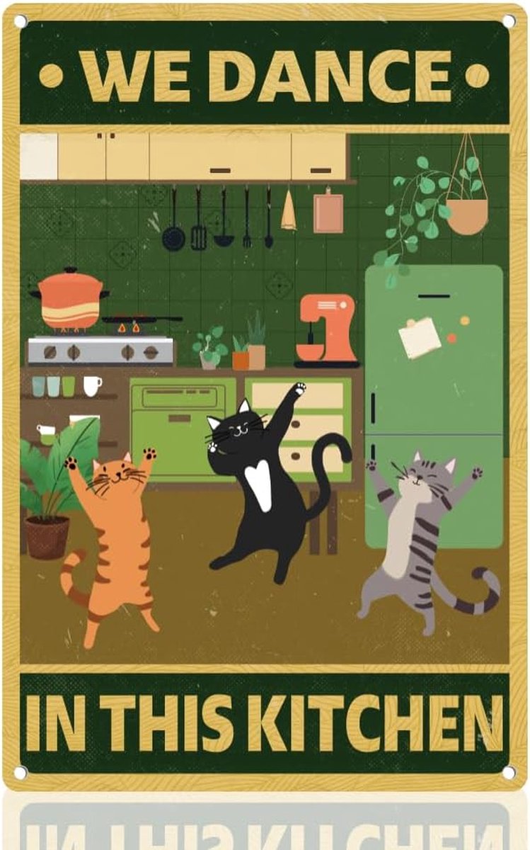 Kattendans retro wanddecoratie metalen tinnen bord 20 cm x 30 cm We Dance in This Kitchen Vintage muurkunst poster voor thuis koffie kamer keuken decor koken liefhebbers cadeau