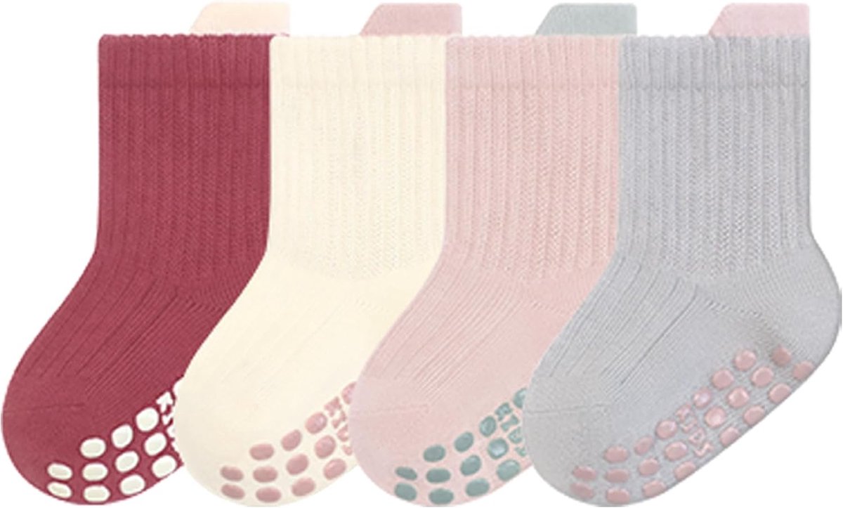 Sokken Baby Kinderen, 4 Paar Kleurrijke Katoenen Kindersokken Anti-Slip Crew Sokken met Grips Vloer Sokken Indoor Babysokken Set voor Peuter Jongens Meisjes 6-12 Maanden 1-5 Jaar