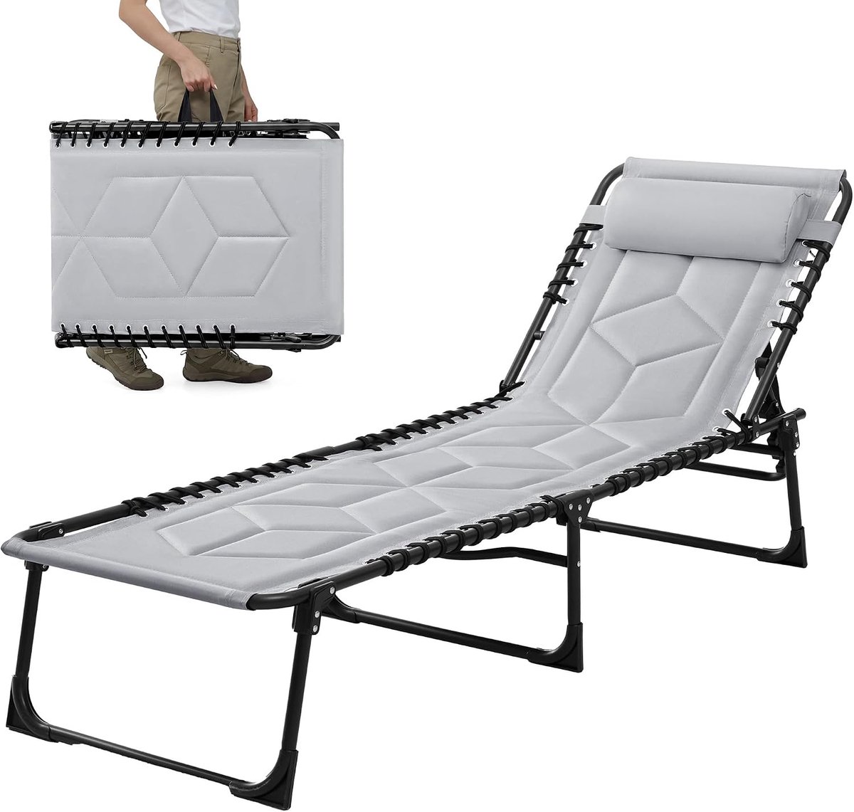 Inklapbare ligstoel met 5-voudig verstelbare rugleuning, opvouwbare ligstoel voor tuin, balkon, strand, zwembad en binnen, grijs