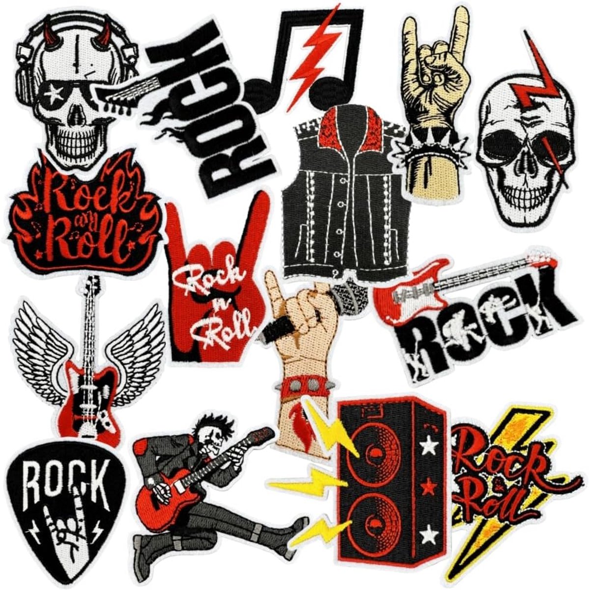 15 stuks cartoon zwarte muziekserie borduurwerk patch rok skelet strijkplaatje opstrijkplaatje opstrijkplaatjes opstrijkbaar strijkplaatjes doe-het-zelf strijkplaatjes voor T-shirt vest rugzakken