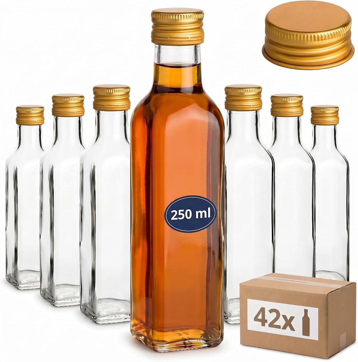 Flessen 250 ml (0,25 l) Maraska hoekig, schroefsluiting PP31,5 goudkleurig, lege transparante glazen flessen om te vullen voor likeur, schnaps, siroop, olie en azijn (MFET250G