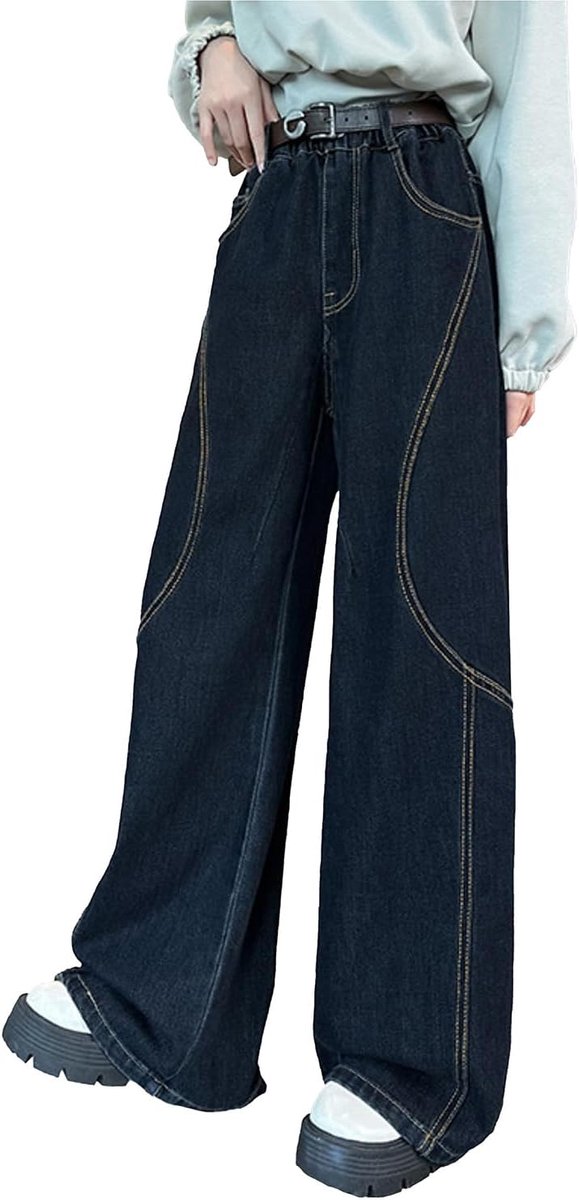 Jeans voor meisjes met losse elastische denim tailleband, blauwe spijkerbroek met modieuze scheuren