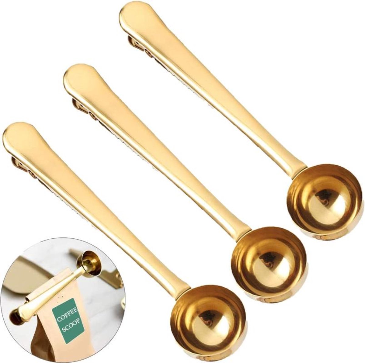 Koffiemaatlepel - 430 RVS koffiemaatlepel - met afsluitring - met afsluitclip - geschikt voor koffiepoeder, koffiebonen en losse theebladeren - herbruikbaar - inhoud 12 ml - 16 x 3,5 x 2,5 cm - 3-delige set - goud