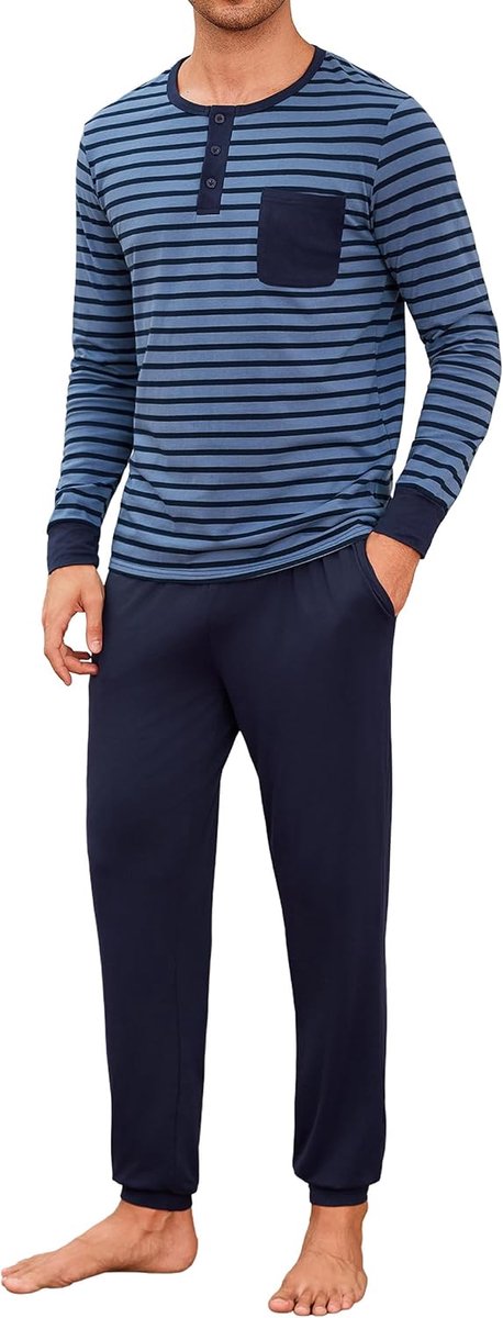 pyjamaset voor heren, ronde hals, lange mouwen, grote