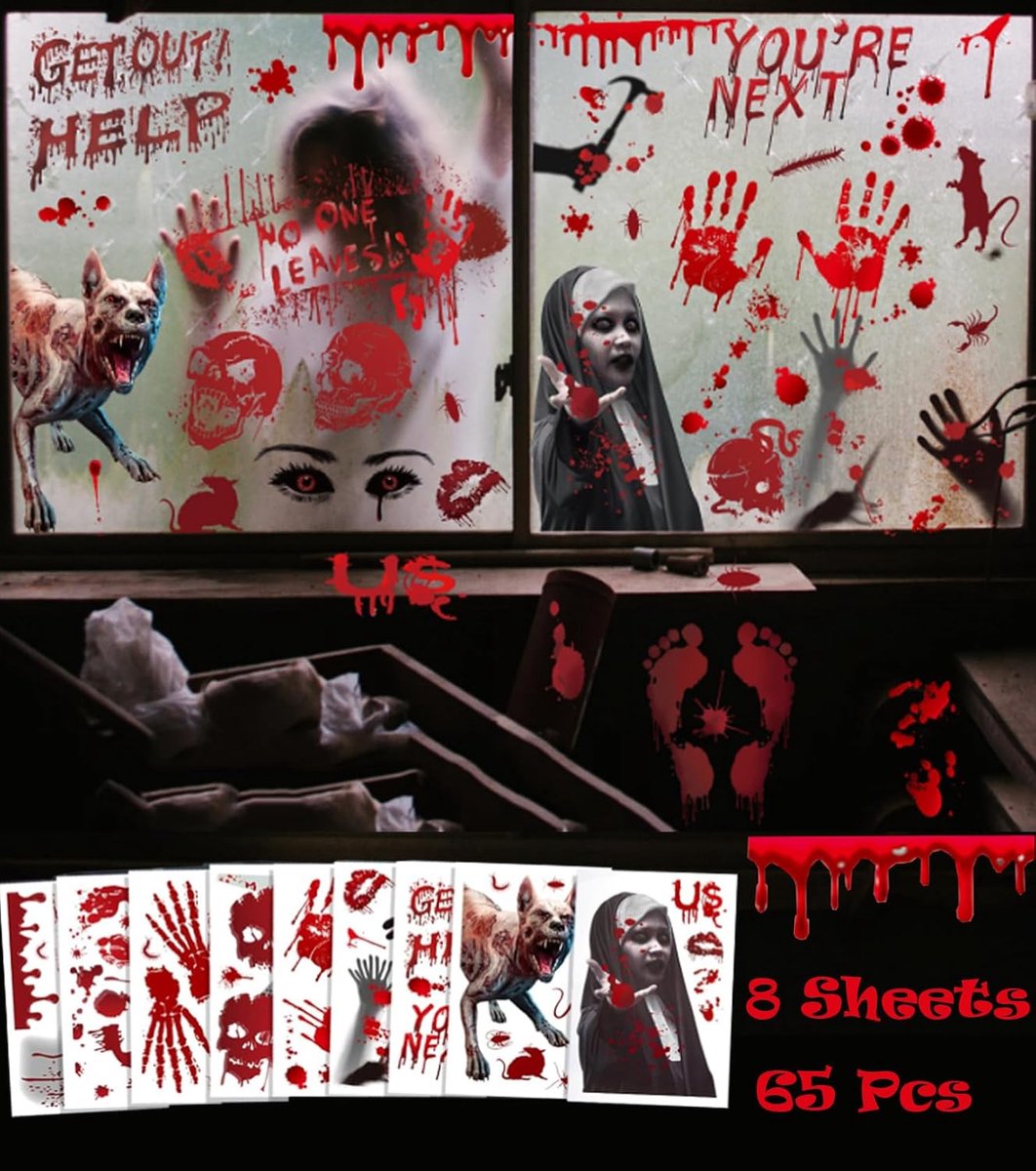 Spookhuis Halloween decoratie raamafbeeldingen, 65 stuks bloedige handafdrukken, Halloween bloedige stickers, Halloween horror decoratie raam