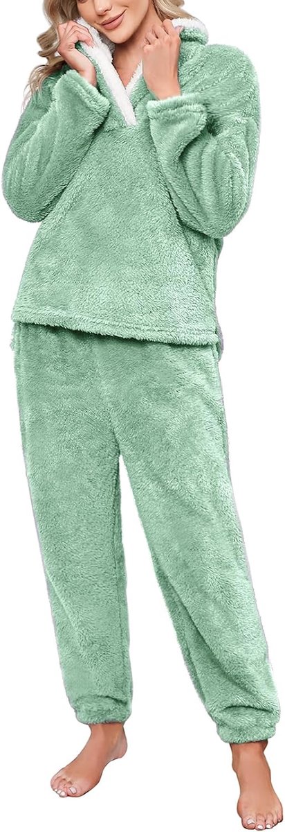 Pyjama voor dames, winter, fleece, pyjamaset, fleece, warm en zacht, lange mouwen, revers, pyjama