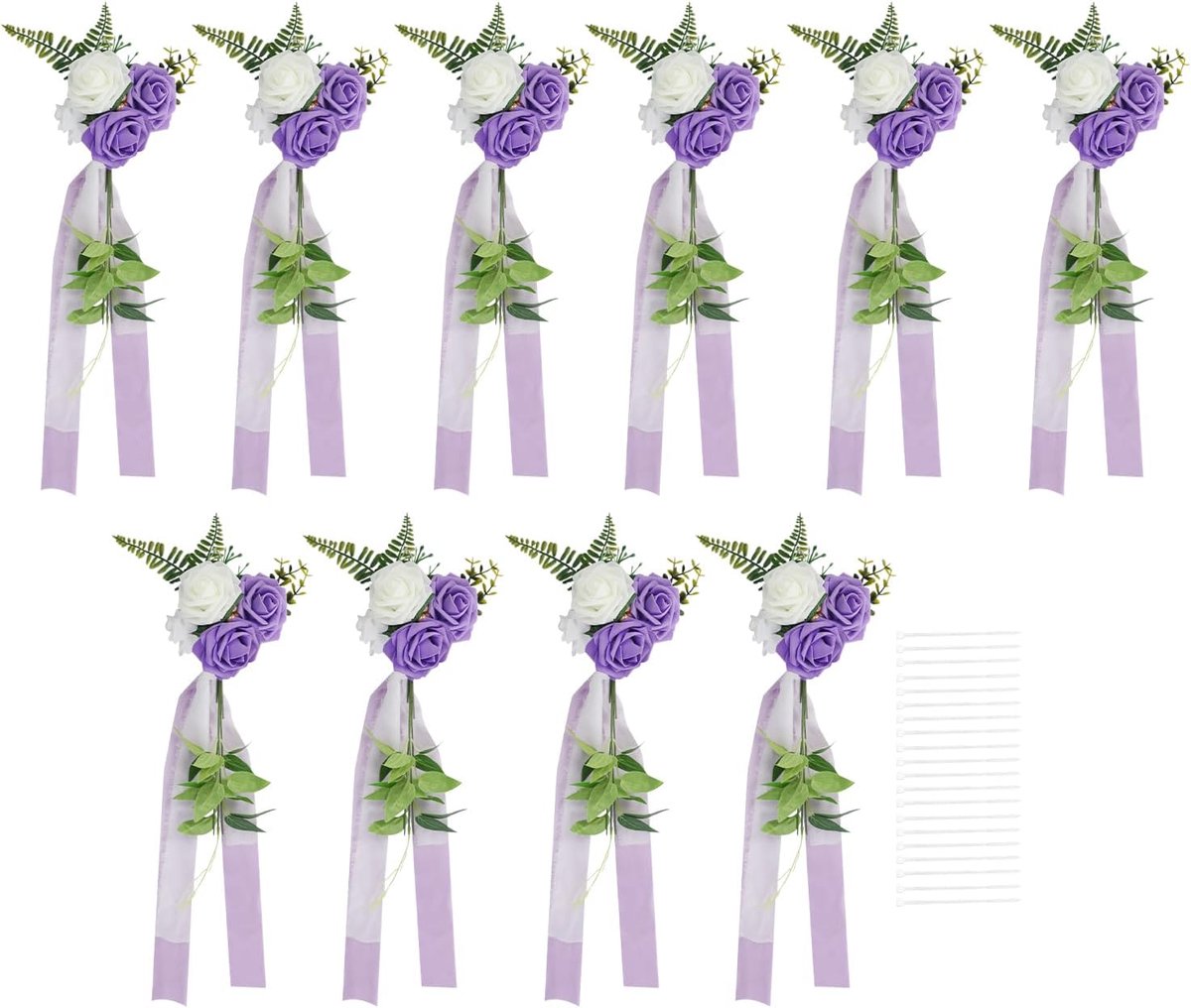 10 stuks bruiloft stoel bloemsieraad van polyester met kabelbinders, bruiloftsstoeldecoratie met bloemkop Ø 10 cm en 75 cm totale lengte, voor tuinbruiloft en feest (wit + groen + paars)