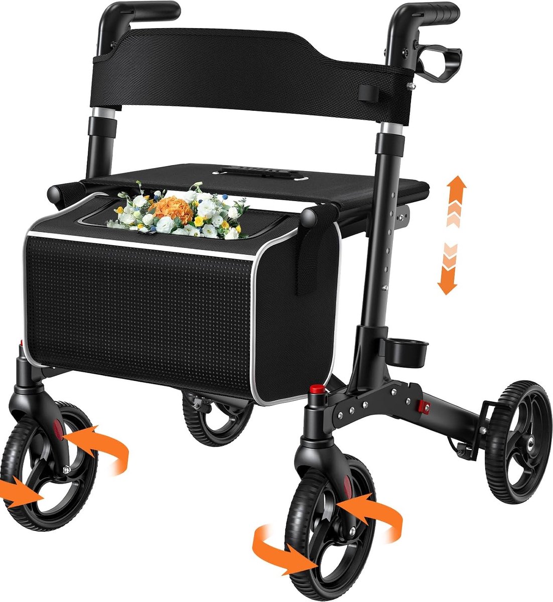 Rollator met zitting en rugleuning, opvouwbaar, verstelbaar, licht, zwart