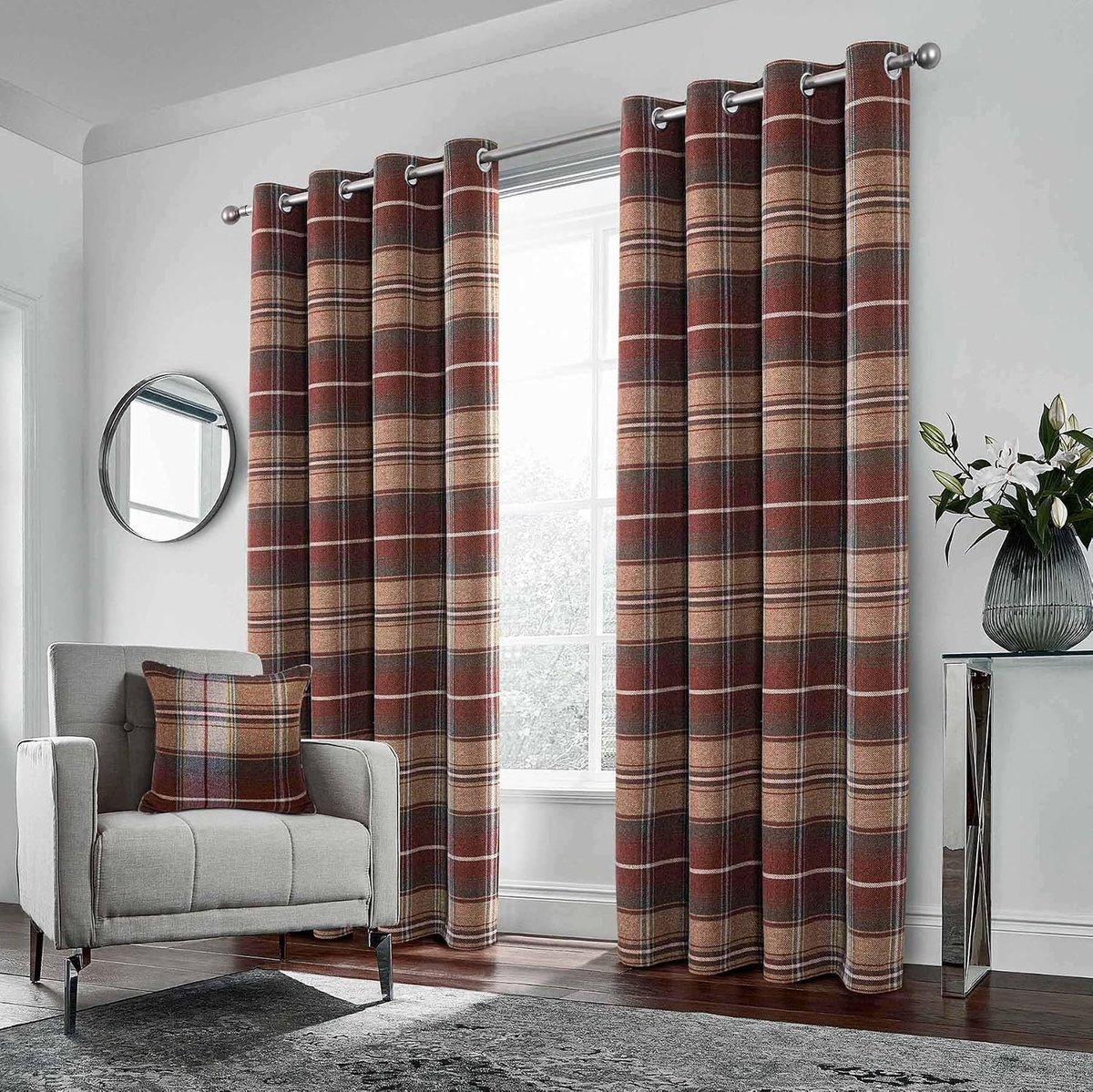 always4u Verduisteringsgordijnen met geruit, thermogordijn, 100% ondoorzichtig, gordijnen met ringen, voor kinderkamer, slaapkamer, keuken, koraalrood, 140 x 260 cm, 2 stuks
