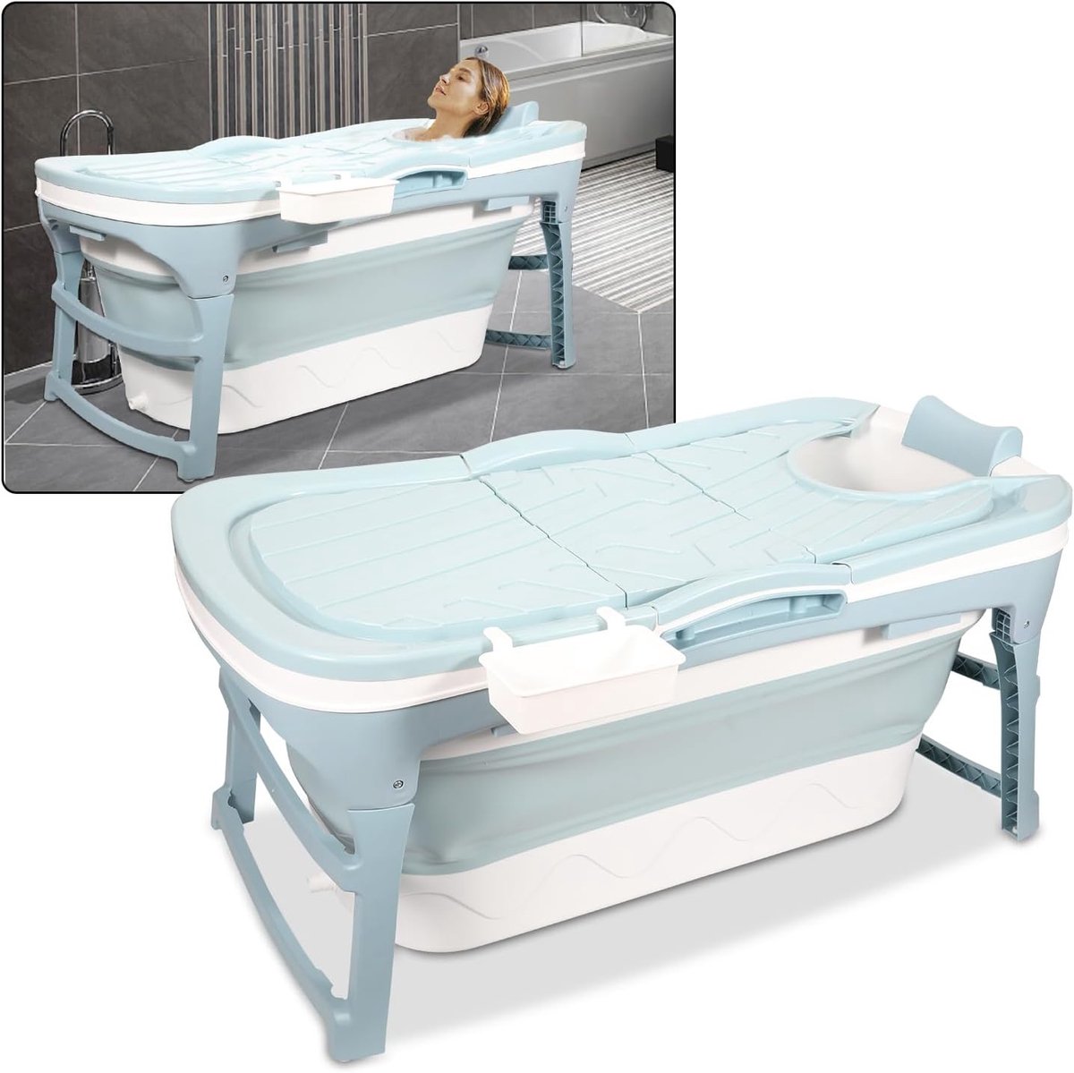 Badkuip voor volwassenen, 118 x 60 x 50 cm, draagbare opvouwbare mobiele badkuip met afdekking en zeepmand, blauw, voor badkamer en douche