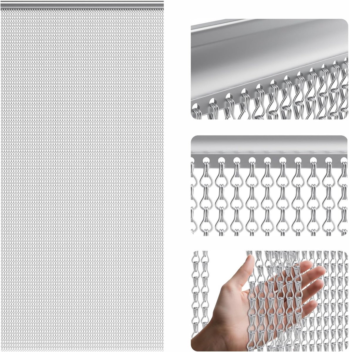 Vliegengaas, balkondeur, 90 x 210 cm, aluminium vliegengordijn, vliegengaas, insectenbescherming, balkondeur, vliegengaas, metalen kettinggordijn voor houdt insecten, wespen (zilver)