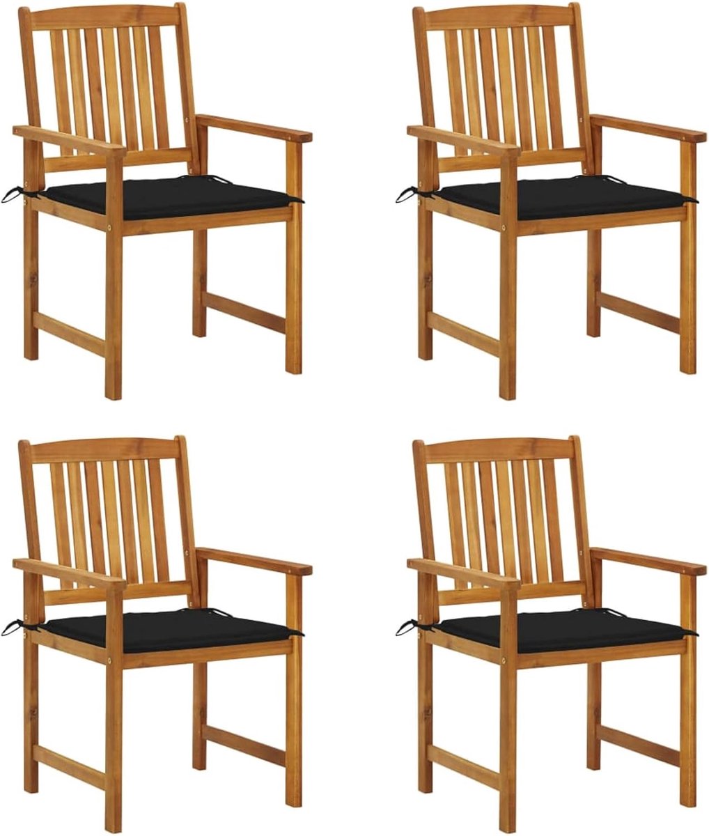 Set van 4 stoelen, eetkamerstoelen, voor tuin, buiten, terras, van acaciahout, met kussens, 3 cm, 61 x 57 x 92 cm, tuinstoelen met armleuningen