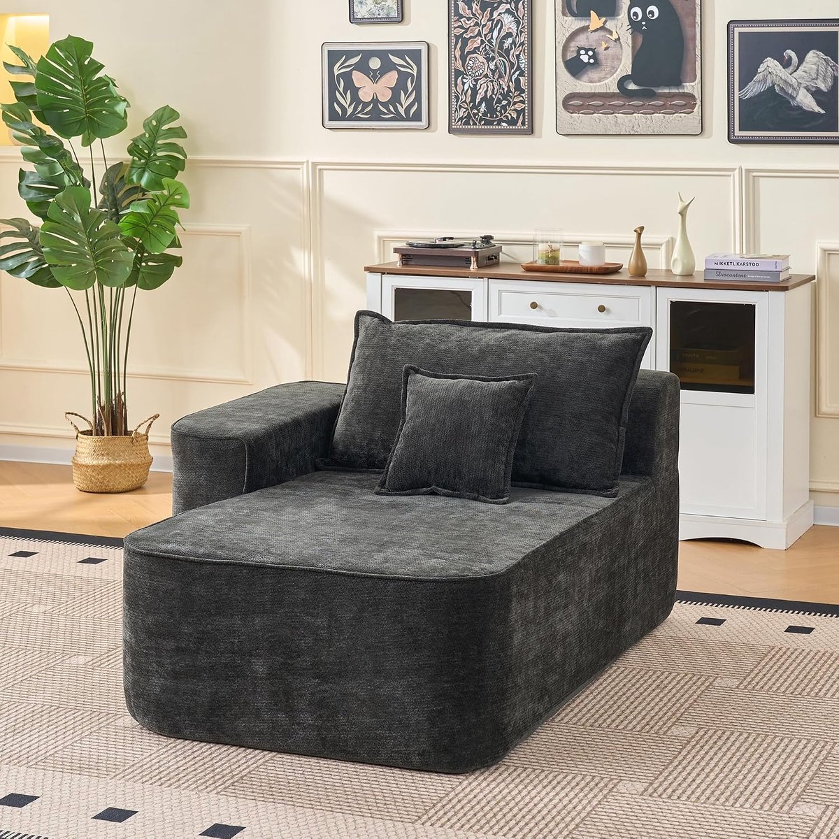 Chaise longue sofa, lounge meubelstuk in zwart, wolkenzachte bekleding met kussens en zijzakken, montagevrij comfort zitmeubel voor woonkamer (zwart + 1 stoel, 144 x 112 x 65 cm)
