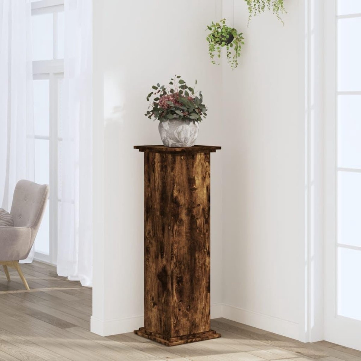 Rookeiken, 33 x 33 x 100 cm, van hout, stabiele bloempotstandaard met groot oppervlak voor planten en decoratie, holle constructie voor extra