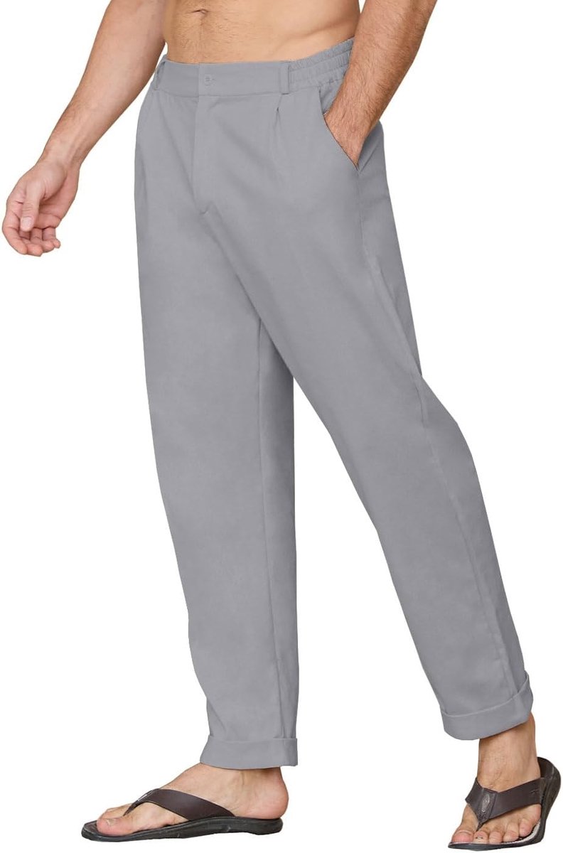 Linnen broek voor heren, chinobroek voor heren, smalle pasvorm, linnen broek, elastische tailleband, linnen broek voor heren, licht, casual, lang, met gesp