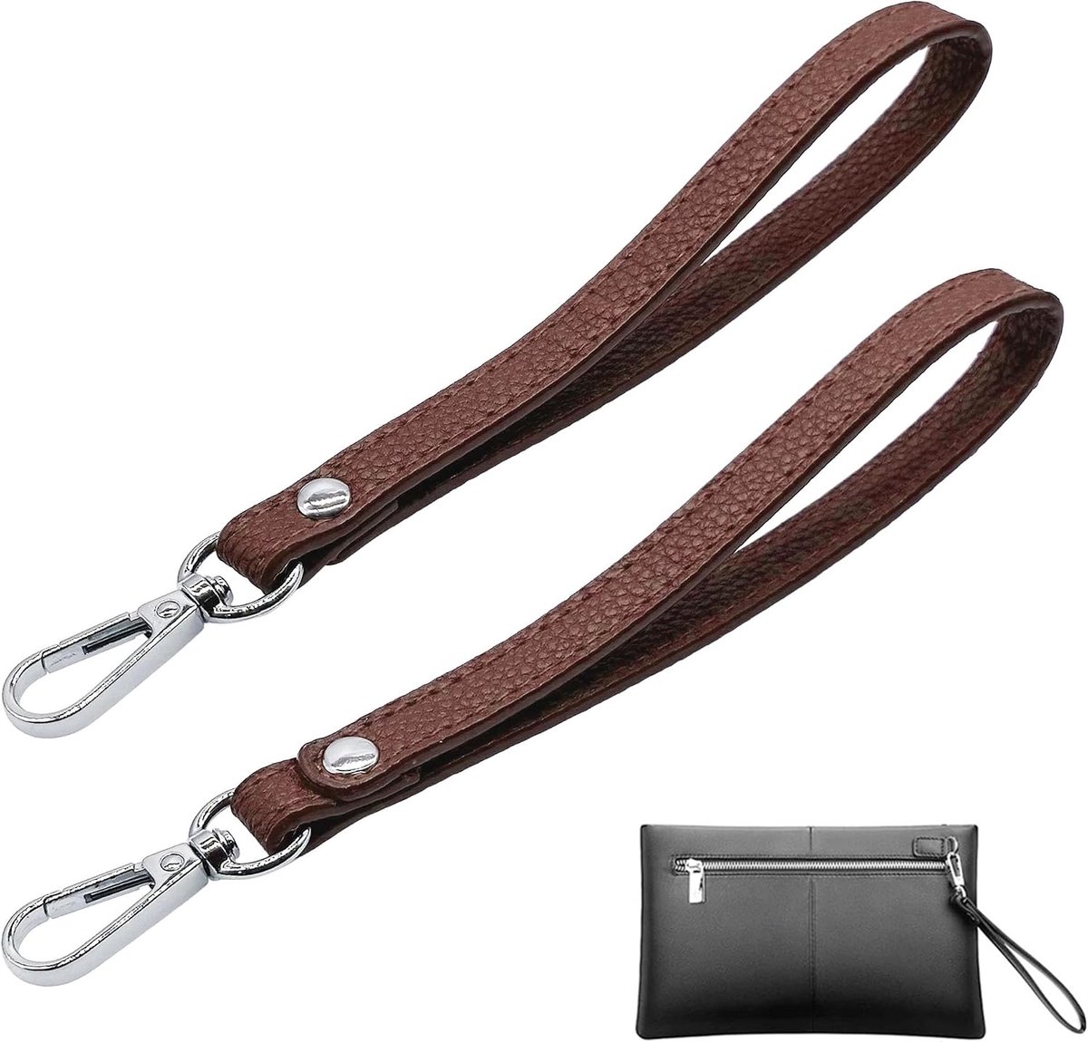 2 stuks polsbanden van leer, 20 cm lang, leren polsband, vervanging voor clutch, portemonnee, sleutels, sleutelhanger, tas, doe-het-zelf, Zilver bruin, Leren polsband