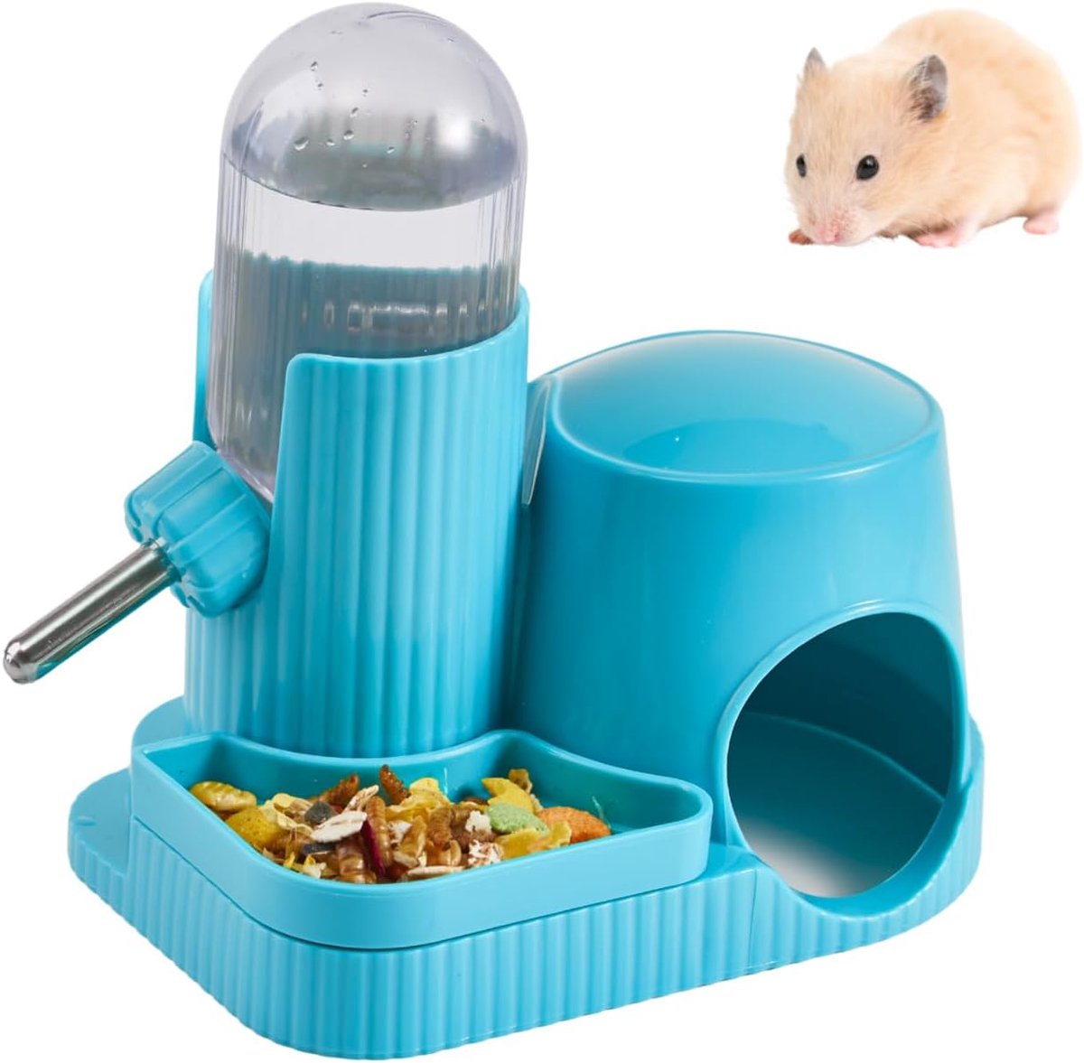 3-in-1 Hamster Waterfles Lekkagevrije Automatische Dispenser met Voerbak en Schuilplaats voor Gerbil Rat Dwerghamster Muis (Blauw, 100ml)