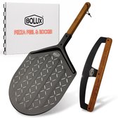 Bolux® Pizzaschep & Pizzasnijder - Geperforeerde Lichtgewicht Aluminium Pizzaschep 63 x 30.5 cm - Inclusief RVS Pizzasnijder - Massief Acaciahout