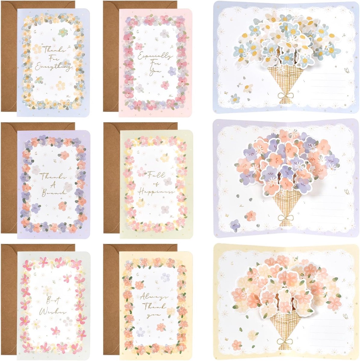 Dailygoods- Wenskaarten 3D pop-up - Bloemenmotief - 6 Stuks - Envelop met stickers - Verjaardag/Bruiloft/Jubileum - 350 g papier - Kaartjes