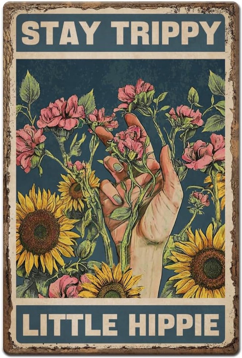 1 st vintage metalen tinnen bord 20 x 30 cm retro ijzeren zon bloem bord roestige look verblijf trippy kleine hippie poster voor thuis woonkamer land boerderij tuin keuken muur decor