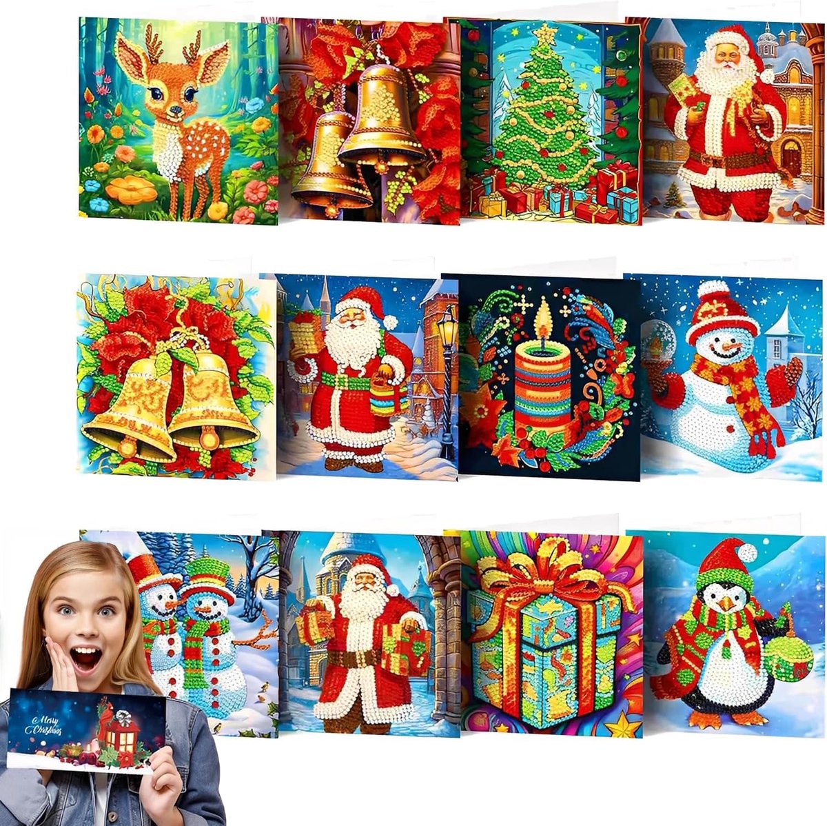 Dailygoods- Diamantschilderkaarten Set van 12 - 5D DIY Wenskaarten - Wenskaarten voor Verjaardag - Wenskaarten voor Kerstmis - Wenskaarten voor Vriend