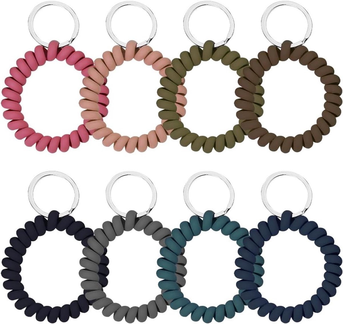 Dailygoods- Sleutelhanger Set van 8 - Spiraalvormige Polsbandjes - Kunststof en Metaal - Waterdicht - Diverse Kleuren - Diameter 4 cm - Polsband
